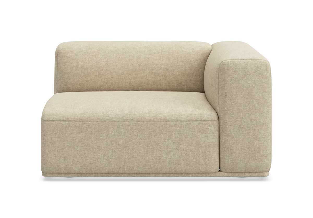 Beige modulsofa hjørnemodul med højre armlæn, fritlagt på hvid baggrund.