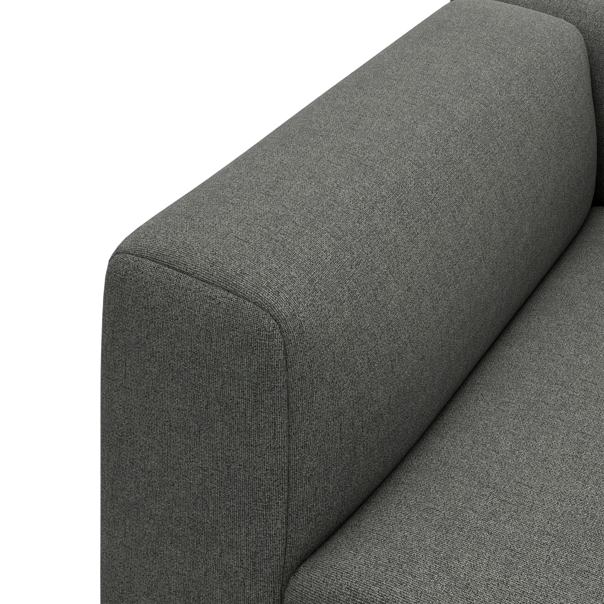 Nærbillede af armlæn og sæde på grå stofsofa.