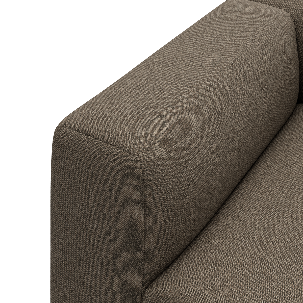 Nærbillede af armlæn og sæde på en brungrå stofsofa.