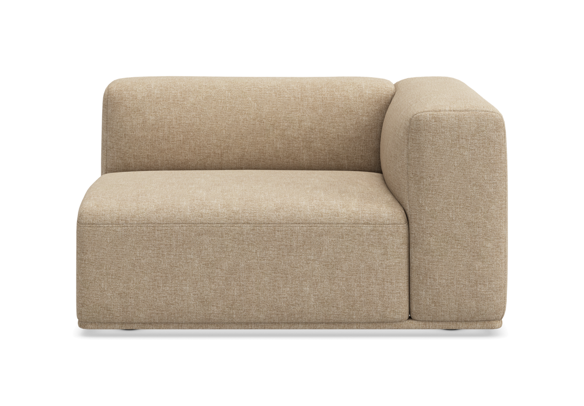 Beige modulsofa med højre armlæn, fritlagt produktbillede forfra.