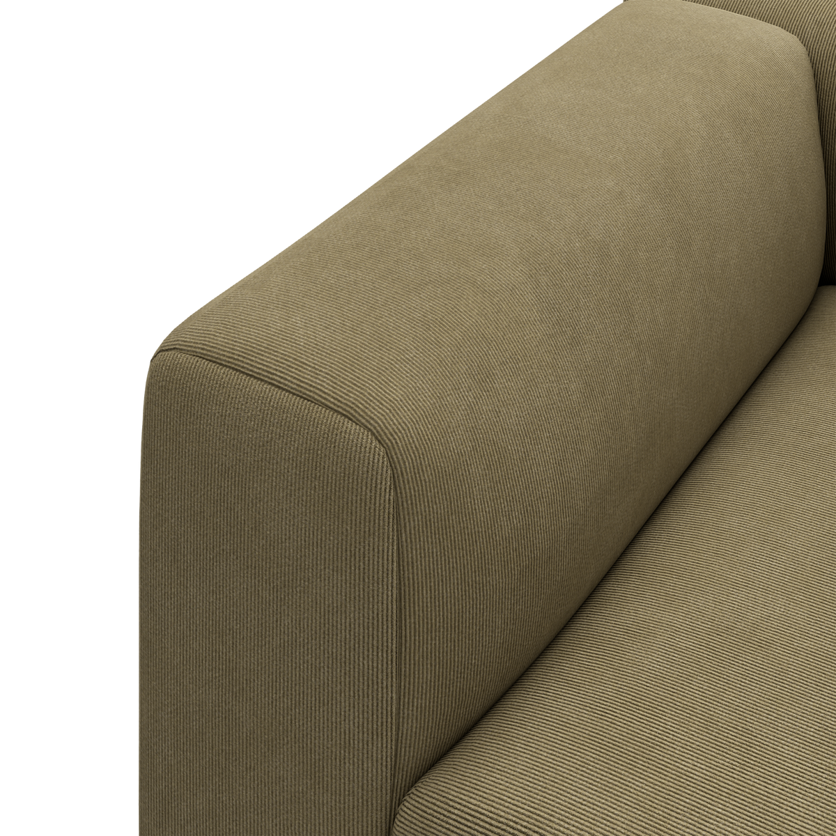 Nærbillede af olivengrøn sofa med bred armlæn i corduroy-stof.