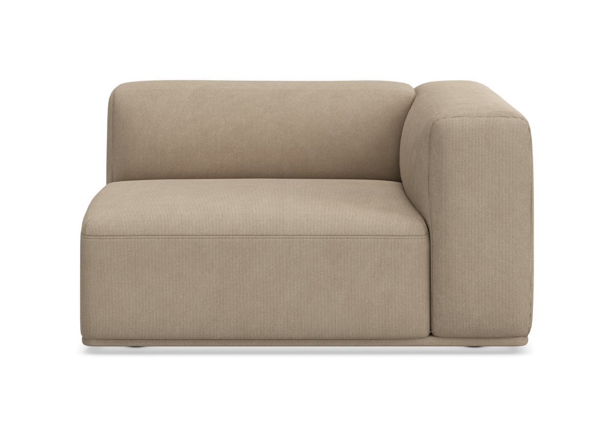 Beige modulsofa hjørnemodul med højre armlæn, frontvisning.