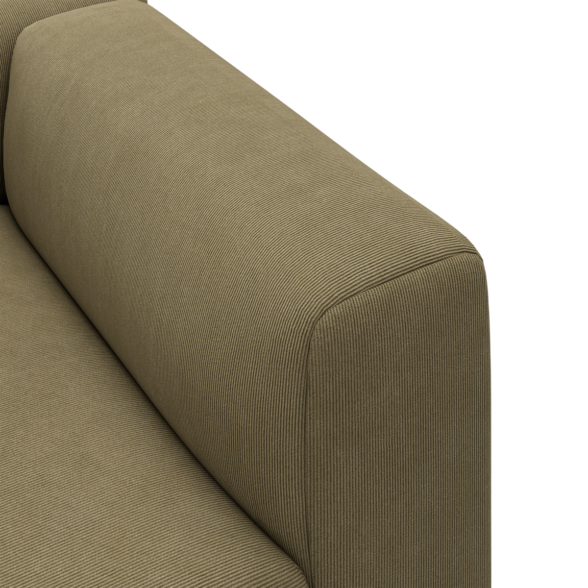 Nærbillede af olivengrøn sofa i ribbet fløjl med blødt afrundet armlæn og ryglæn.