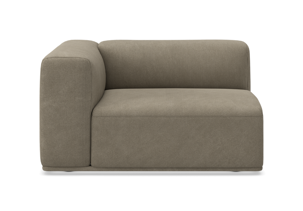 Modulsofa, hjørnemodul med venstre armlæn i beige/grå kordfløjl, frilagt studieoptagelse.