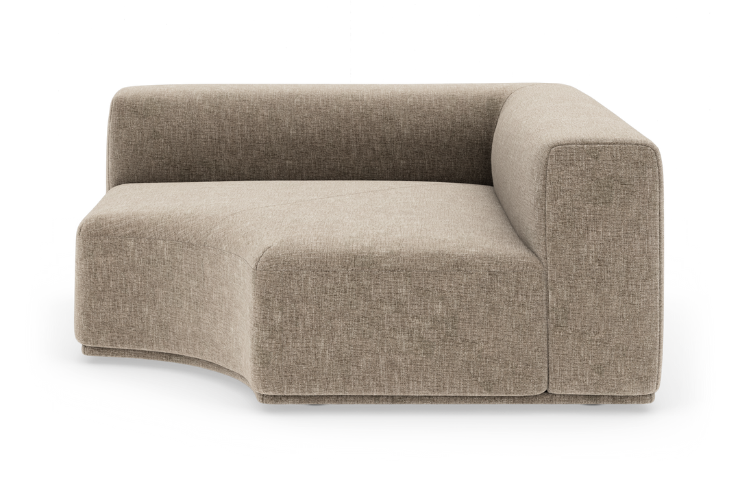 Beige modulsofa med høj ryg og armlæn i højre side, fritstående på hvid baggrund.