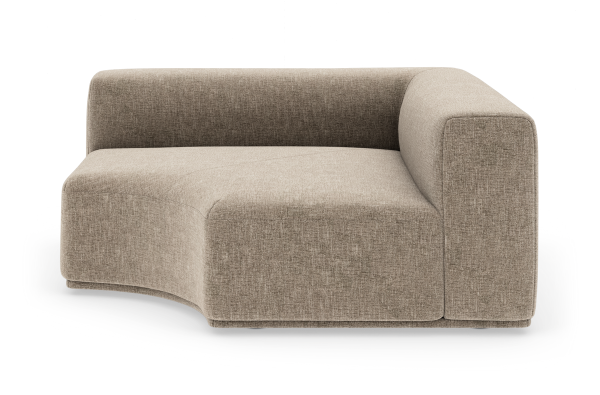Beige modulsofa med høj ryg og armlæn i højre side, fritstående på hvid baggrund.