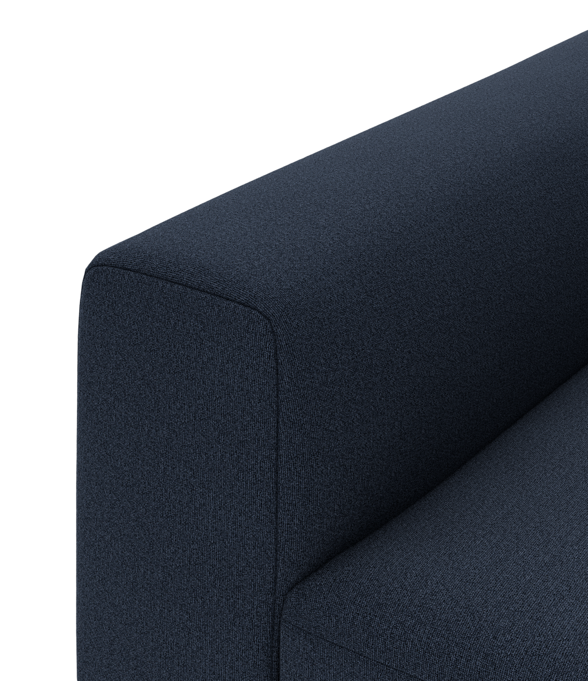 Nærbillede af mørkeblå stofsofas armlæn og sæde i enkel, moderne design.