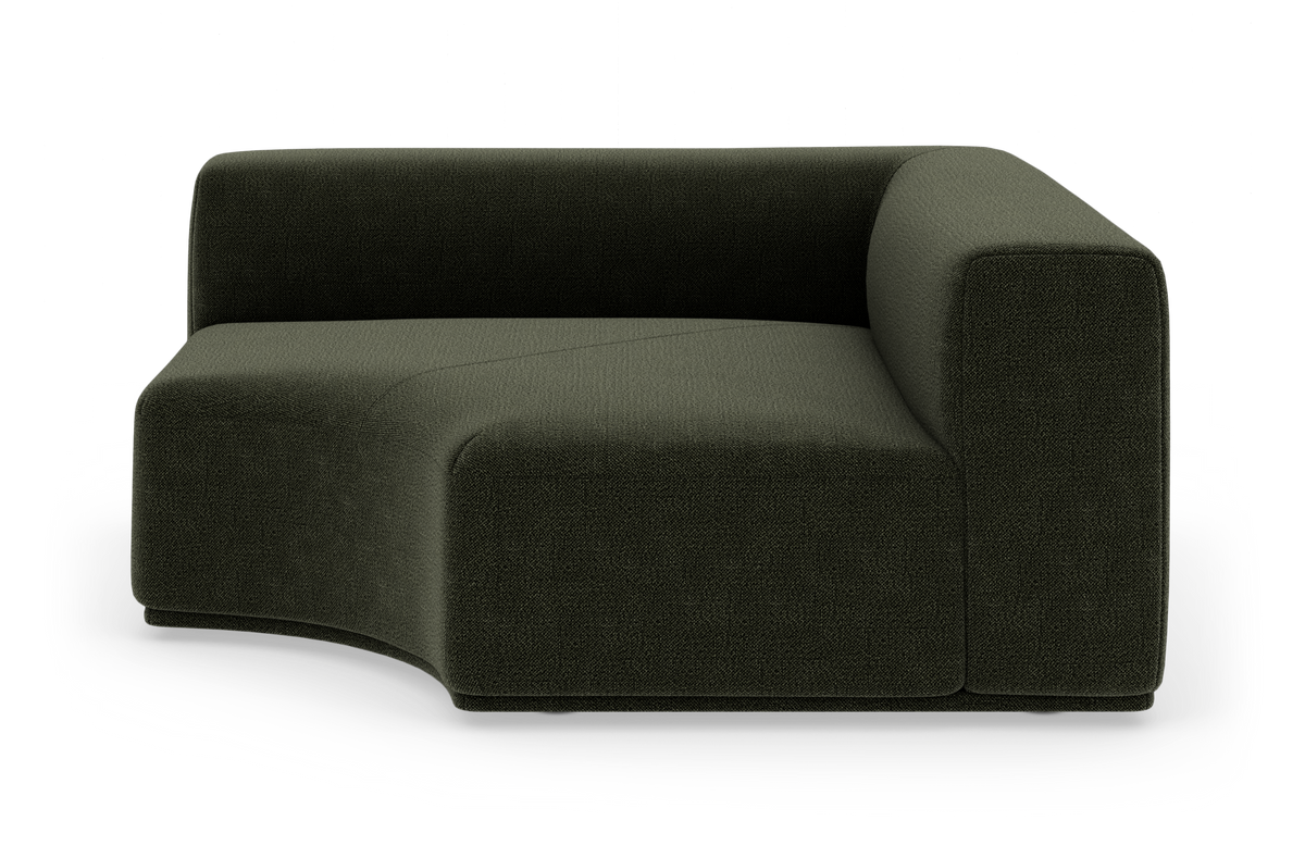 Modulsofa i mørkegrønt stof, venstremodul med rundet sædeflade på hvid baggrund.