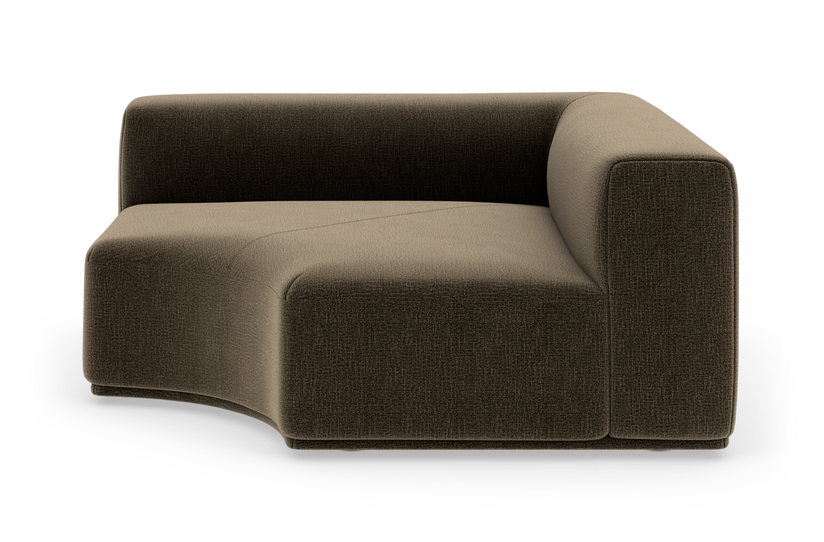 Modulsofa med højre armlæn, afrundet form i brun/beige tekstil, frilagt på hvid baggrund.