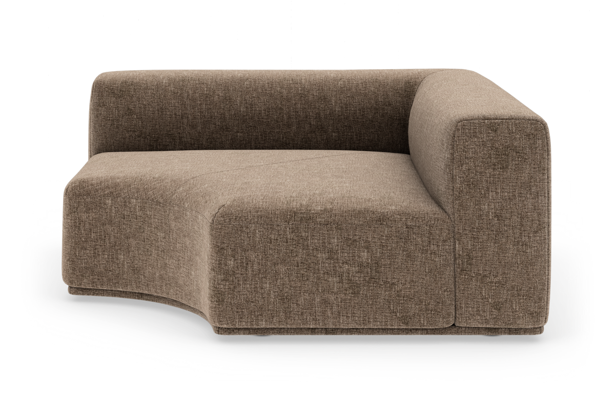 Modulsofa i brun-beige stof, højre hjørnemodul med rundet sæde, frilagt på hvid baggrund.