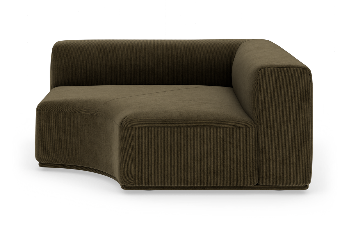 Modulsofa i olivengrøn corduroy, hjørnesektion med afrundet sæde på hvid baggrund.