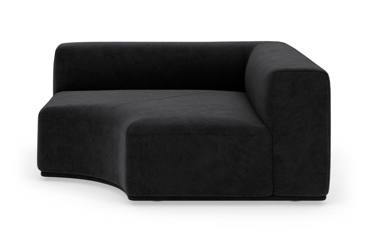 Sort modulsofa, hjørnemodul med rundet sæde, fritlagt på hvid baggrund.