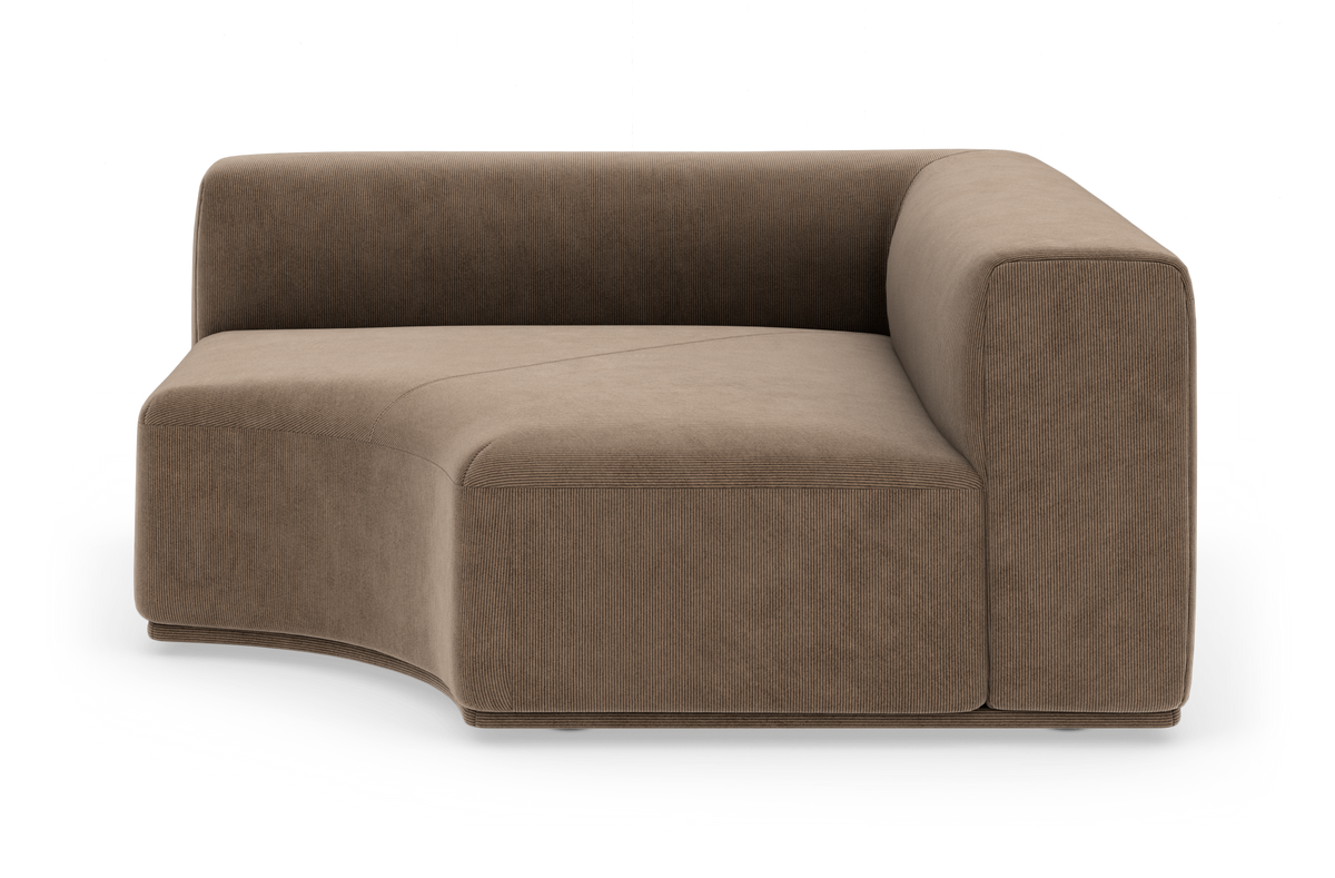 Brun modulsofa – hjørnemodul i bredriflet fløjl med afrundede former og kraftigt armlæn, fritstående på hvid baggrund.