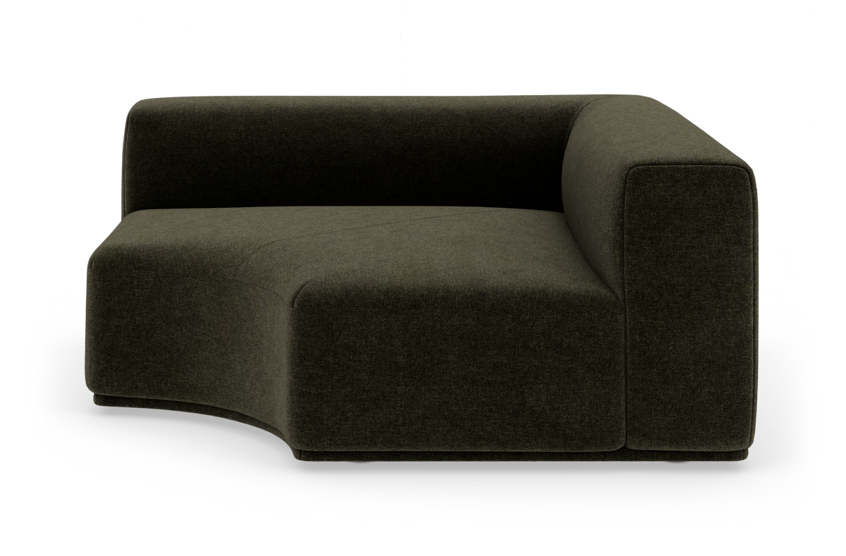 Modulsofa med rundet sæde i mørkegrønt tekstil, fristående studiobillede.