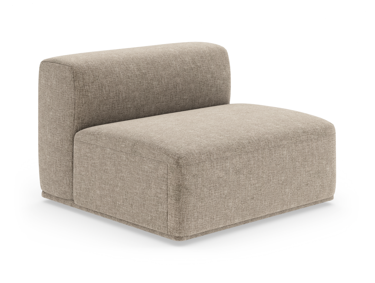 Beige modulsofa, 1‑sæde med venstre armlæn, frilagt på hvid baggrund.