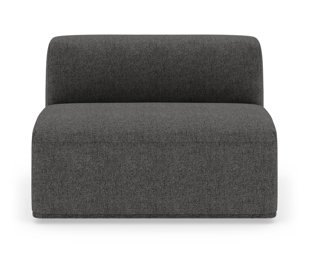 Mørkegrå modulsofa uden armlæn, set forfra mod hvid studiobaggrund.
