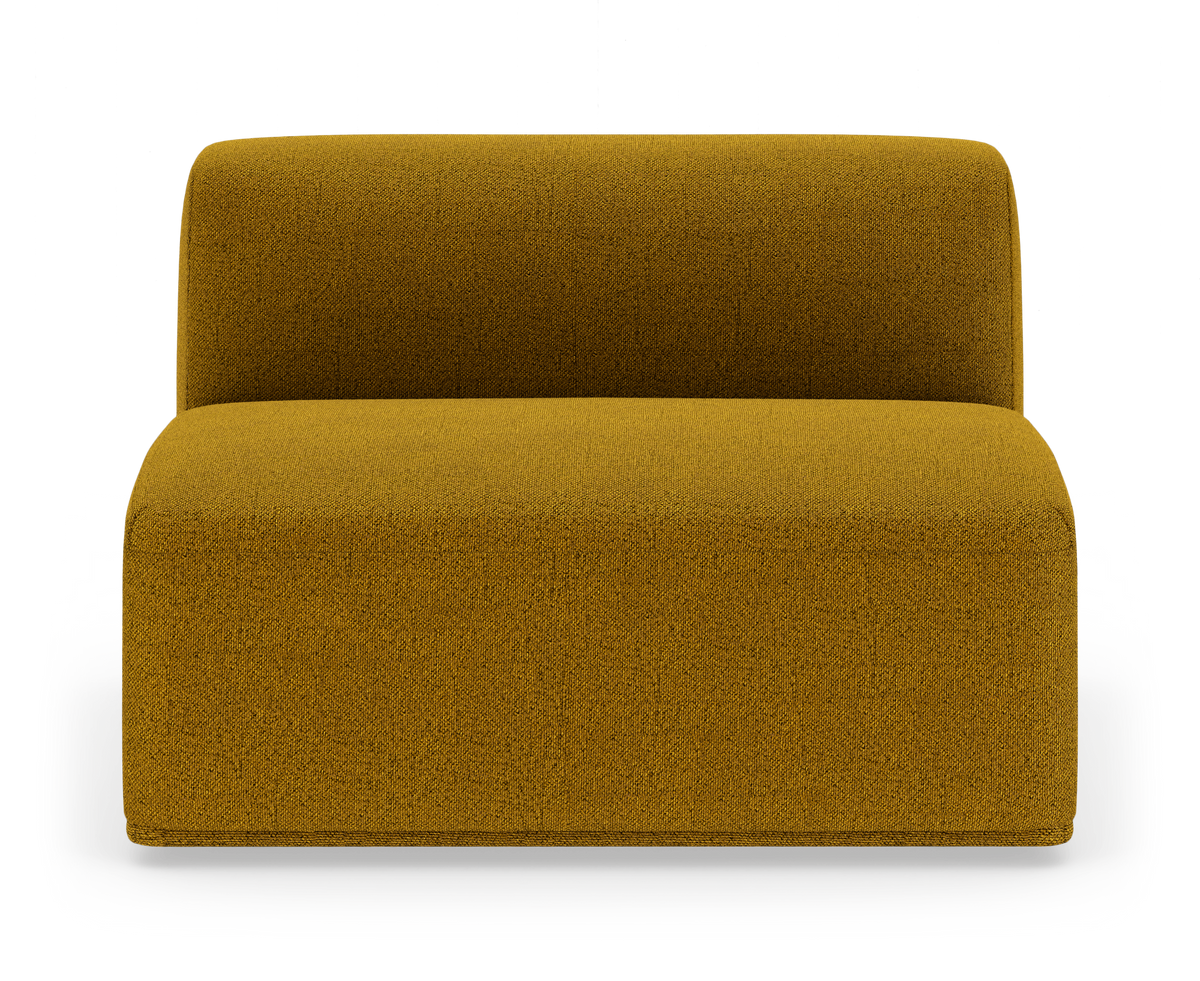 Sennepsgul armløs modulsofa i boucléstof, frontview mod hvid studiobaggrund.