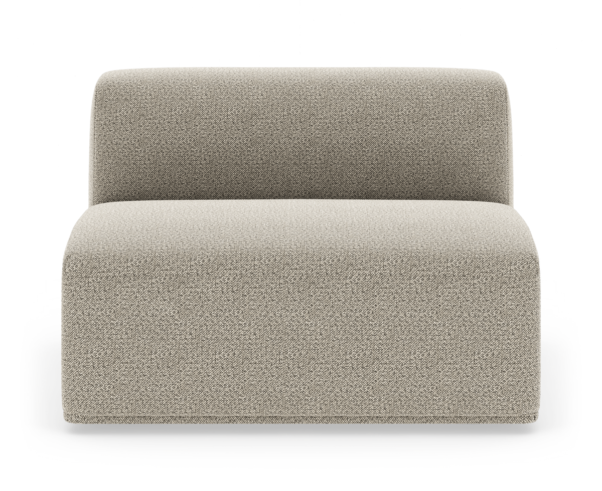 Fritstående modulsofa uden armlæn i beige meleret tekstil, set forfra.