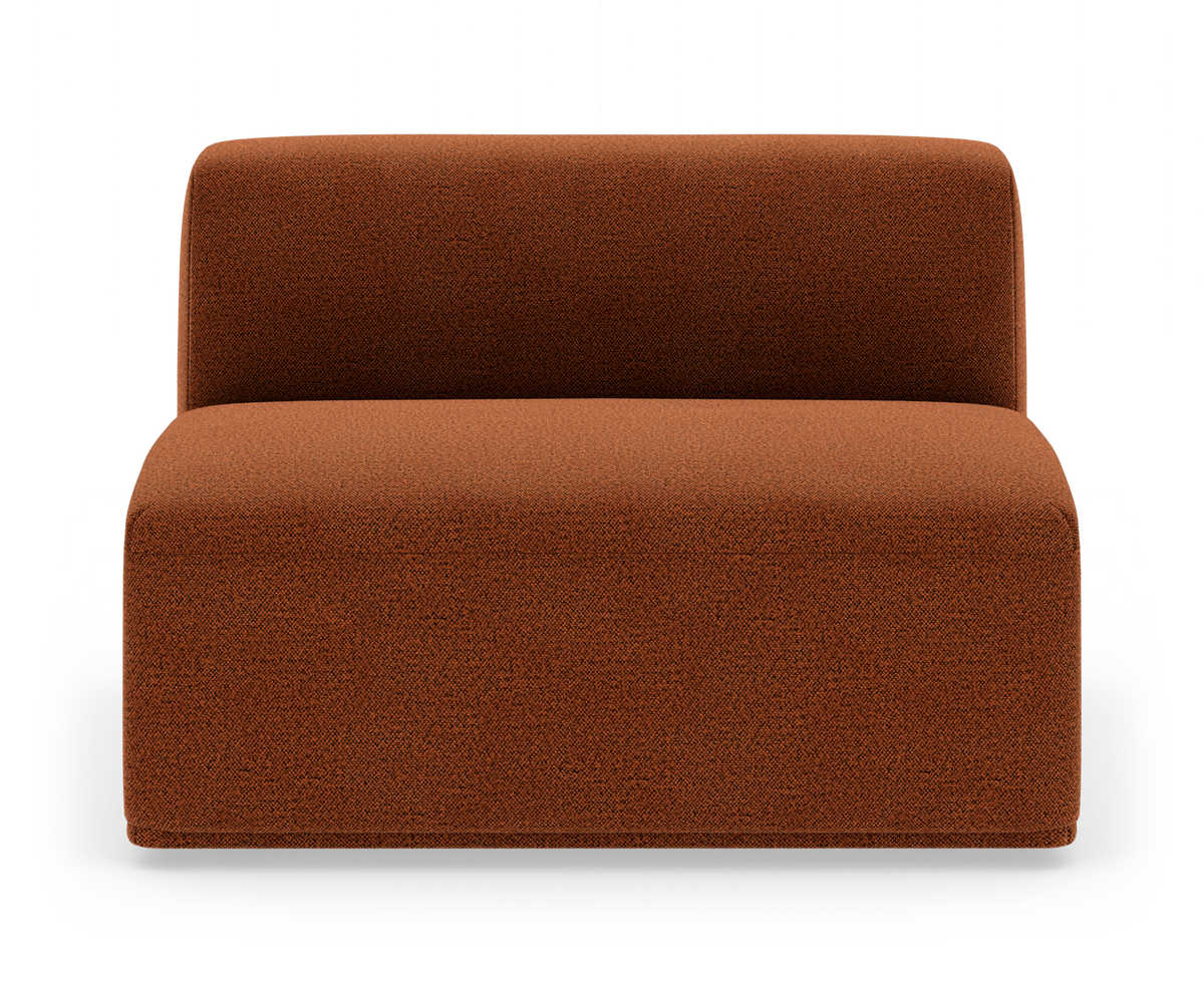 Modulær armløs sofa-del i rustbrun tekstil, frilagt på hvid baggrund i frontvisning.