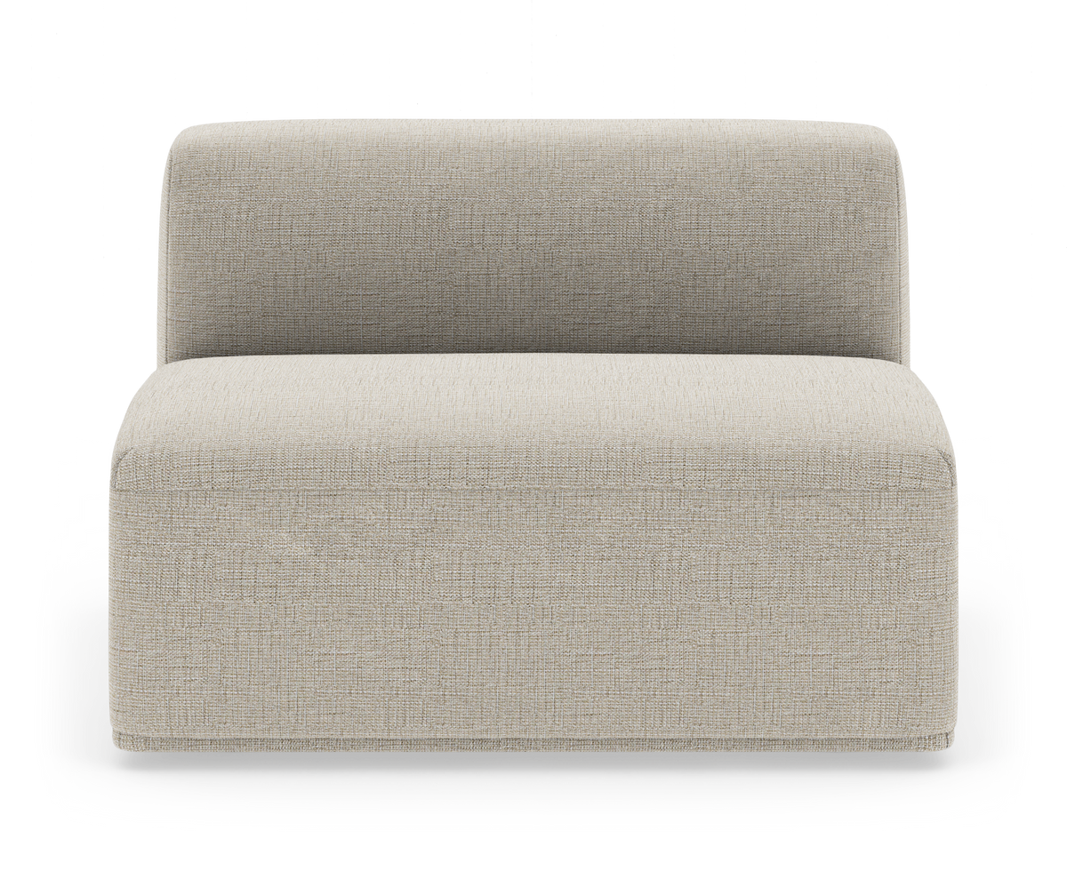 Beige modulsofa uden armlæn, set forfra på hvid baggrund.