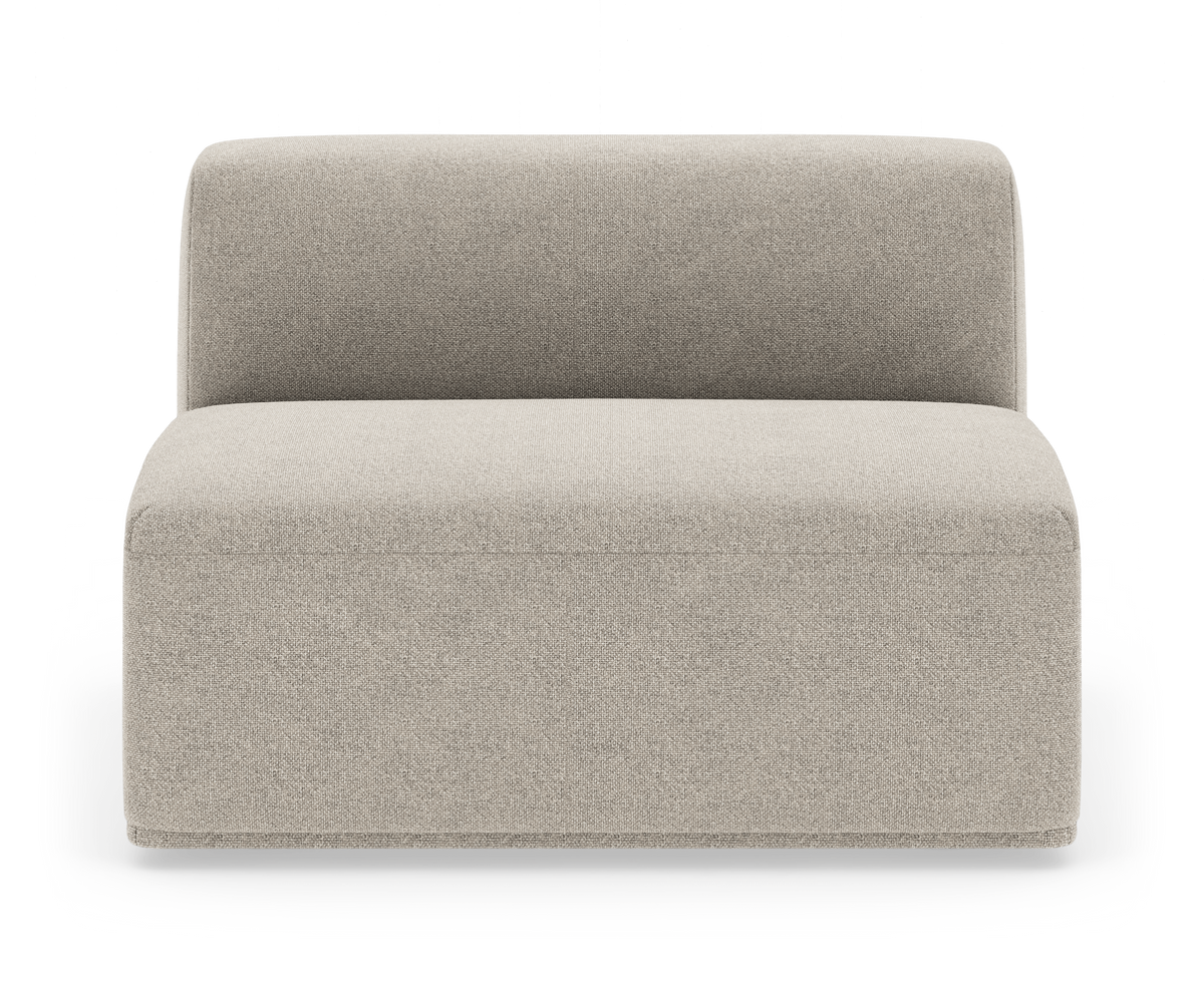 Modulær armløs sofamodul i beige stof, set forfra.