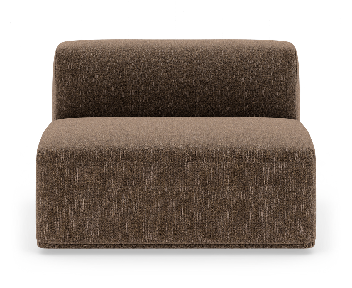 Brun modulsofa uden armlæn med afrundede kanter set forfra.