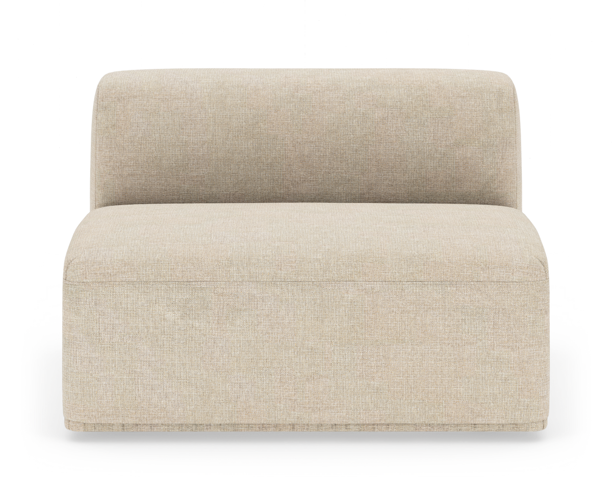 Beige modulær armløs sofamodul med lav ryg i tekstil, frilagt på hvid baggrund.