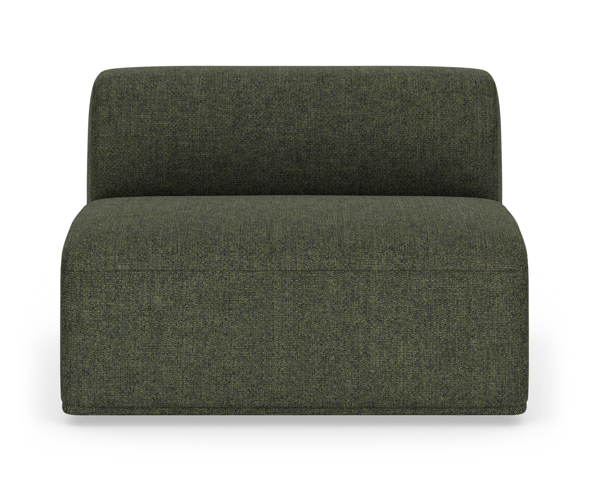 Grøn modulær sofa-sektion uden armlæn i stof, frilagt mod hvid baggrund, set forfra.