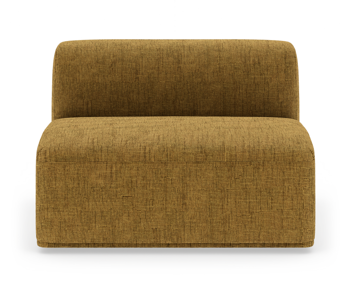 Modulsofa uden armlæn i sennepsgul tekstil, frontvisning mod hvid studiobaggrund med blød skygge.