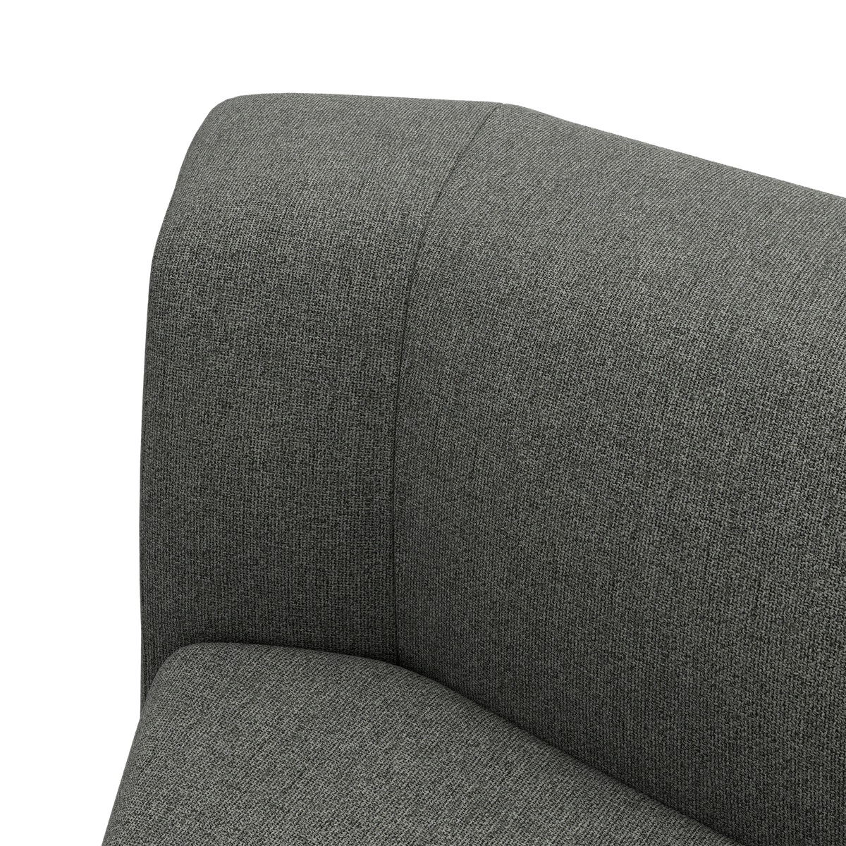 Nærbillede af et gråt, stofbetrukket sofa-hjørne med blødt afrundet armlæn.