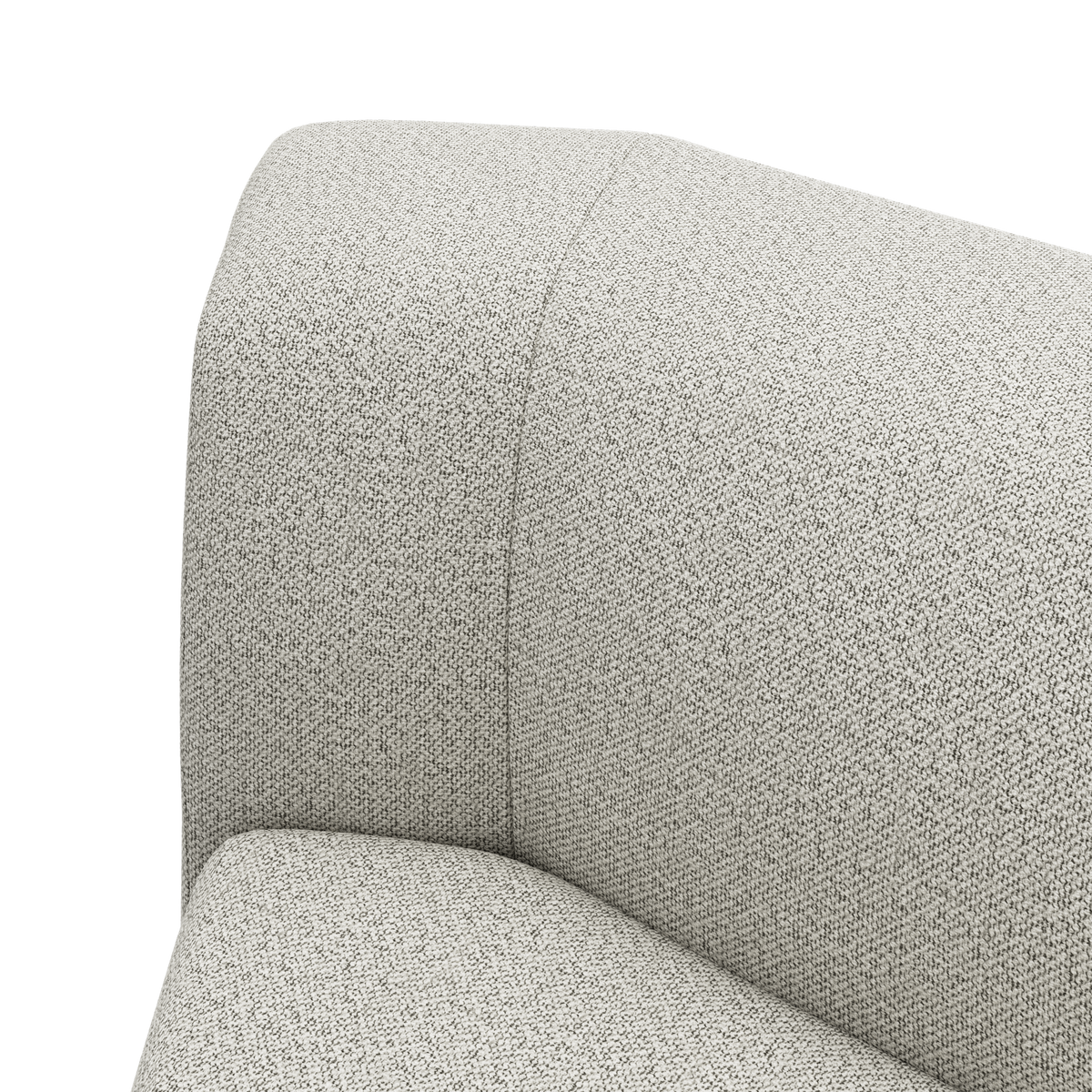 Nærbillede af lys grå/beige sofa-hjørne i tekstureret stof med rund armlænskant.