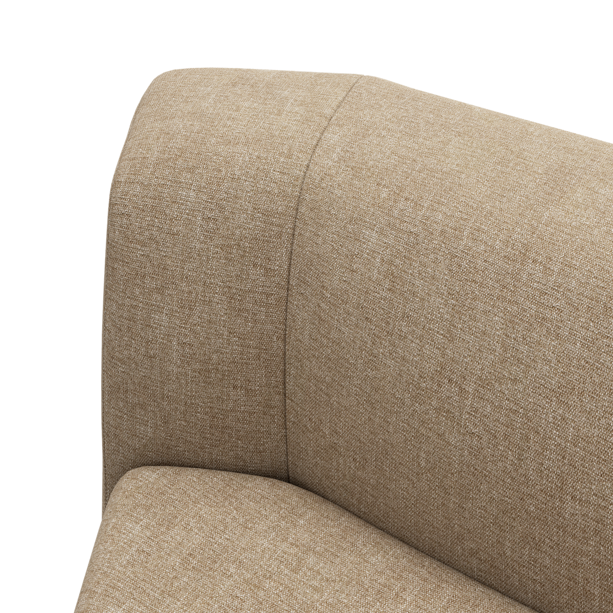 Nærbillede af et beige sofa-hjørne med afrundet ryglæn og sæde i struktureret stof.