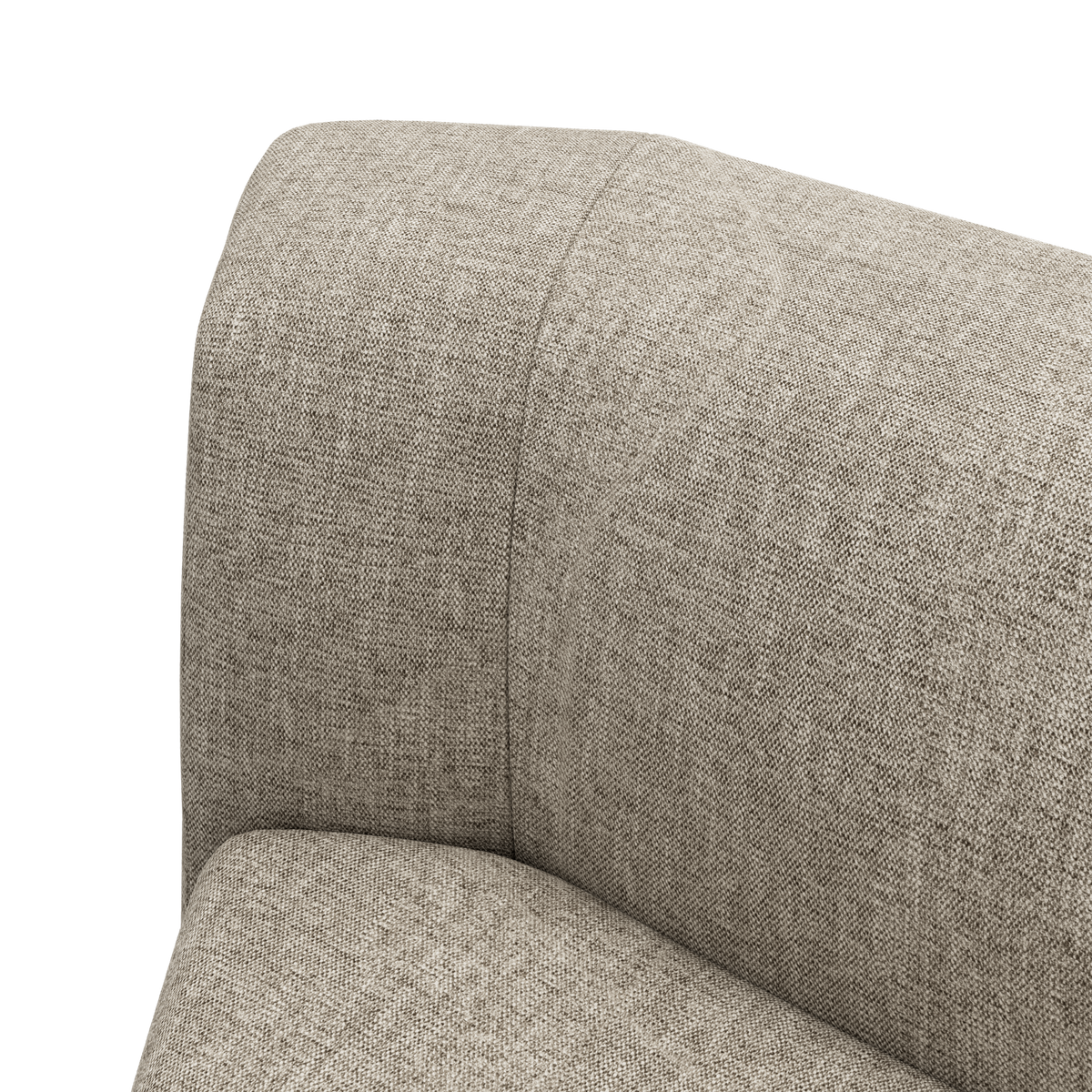 Nærbillede af beige stofpolstring på et sofa-hjørne med afrundet armlæn.