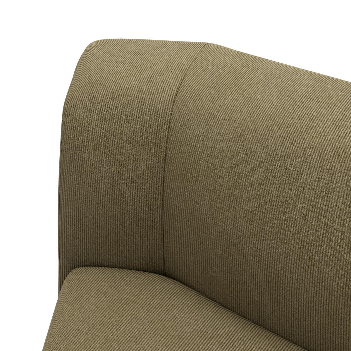 Nærbillede af et sofa-hjørne med olivengrøn riflet/cordfløjl-lignende polstring.
