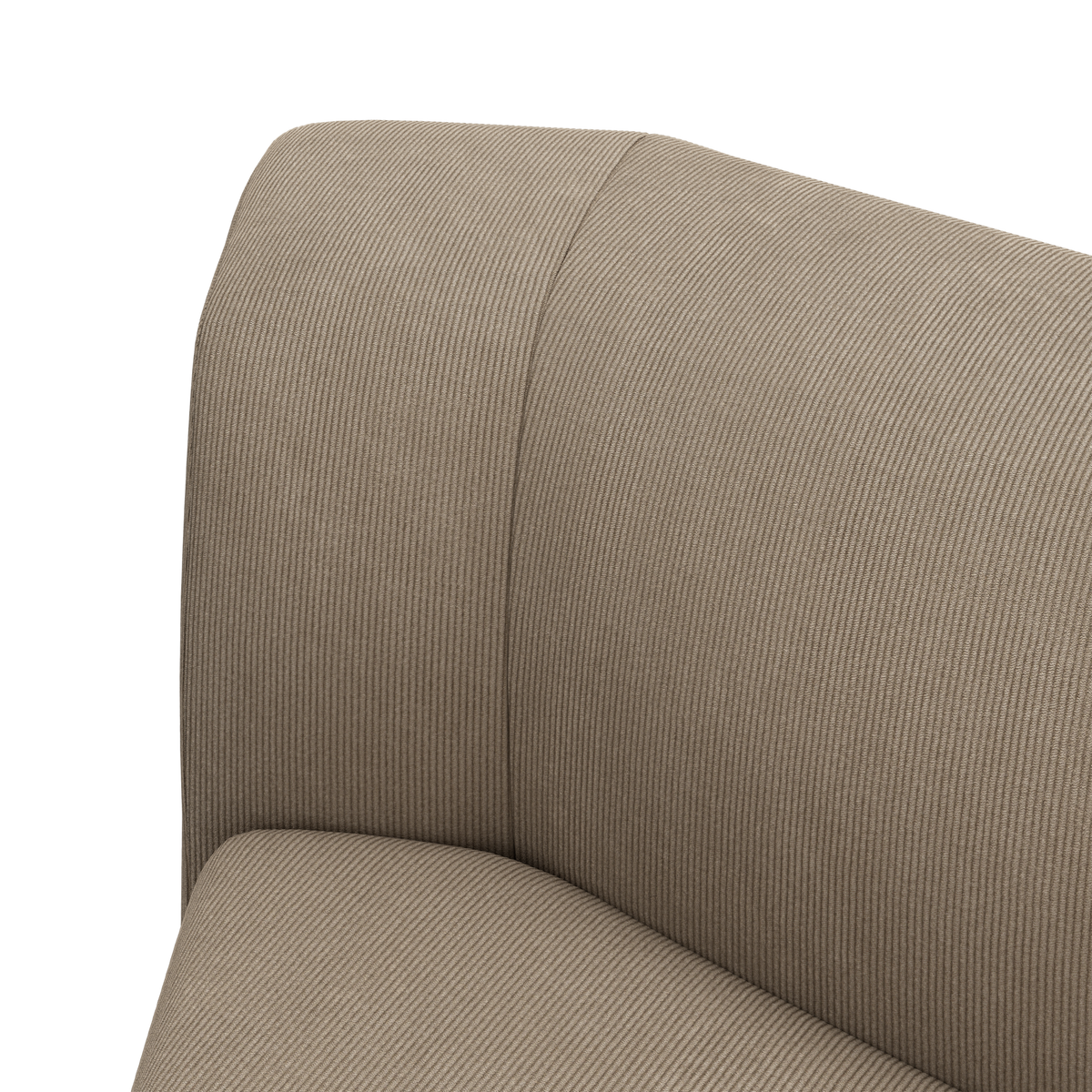 Nærbillede af beige, rillet sofa-hjørne med bløde, afrundede linjer.