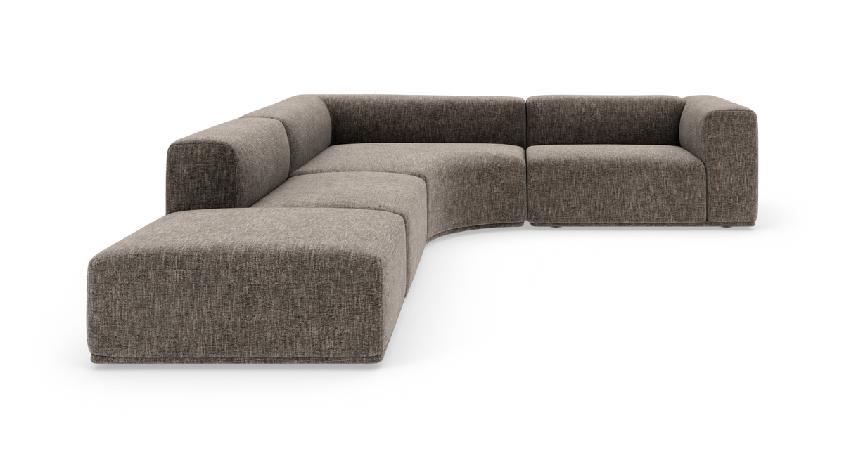 Modulær L-formet sofa i gråmeleret tekstil med blødt afrundede moduler.