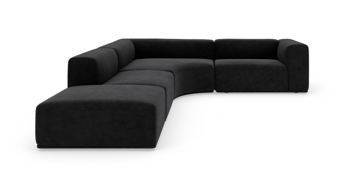 Modulær sort L-formet hjørnesofa på hvid baggrund.