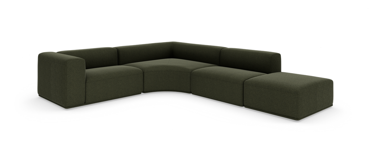 Modulær L-form hjørnesofa i mørkegrønt tekstil på hvid baggrund.