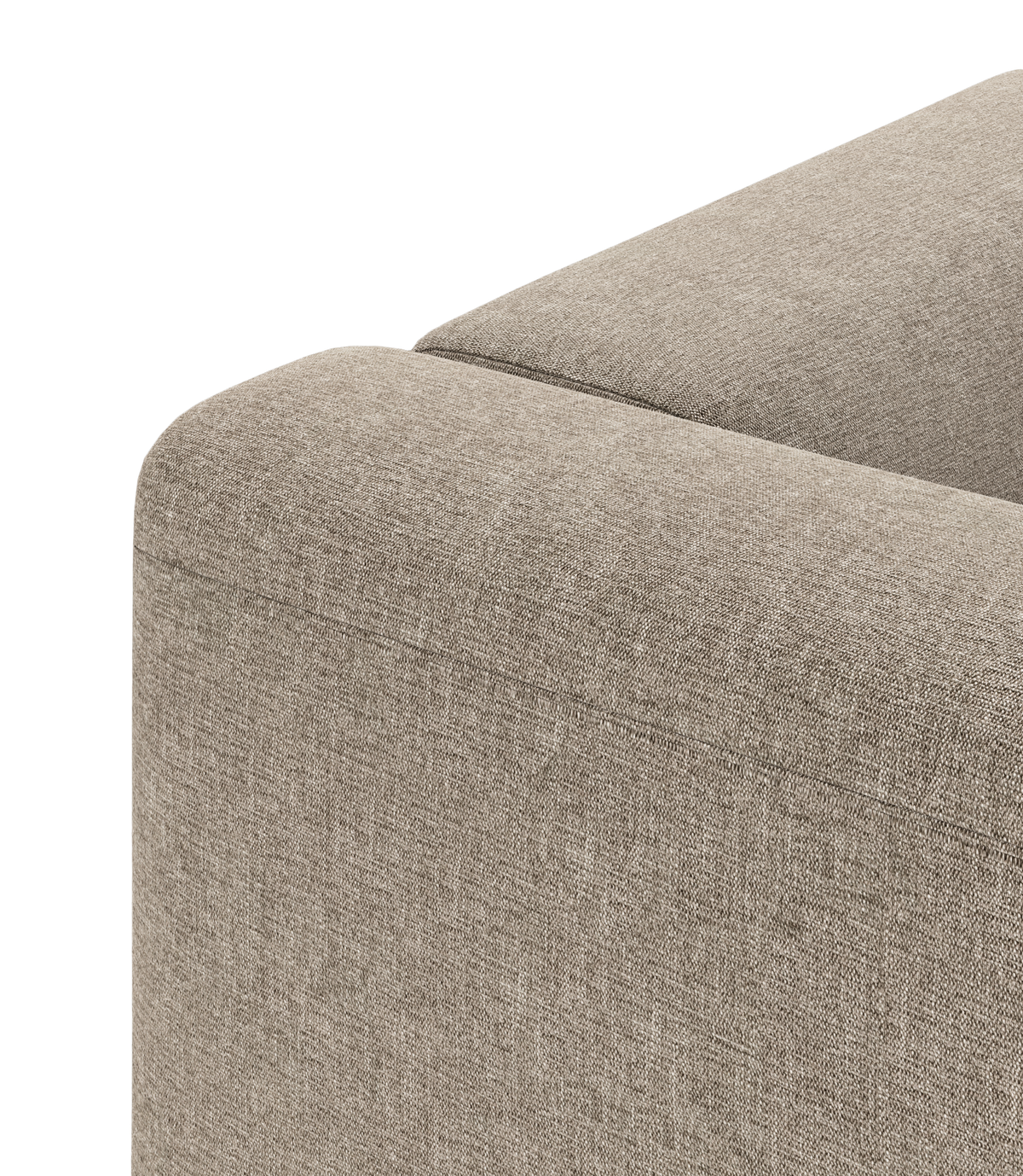 Nærbillede af hjørnet på en beige stofsofa med blødt afrundede kanter.