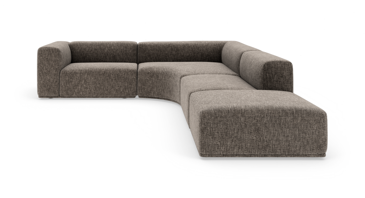 Modulær L-formet hjørnesofa i grå-beige stof med afrundede former, frilagt på hvid baggrund.