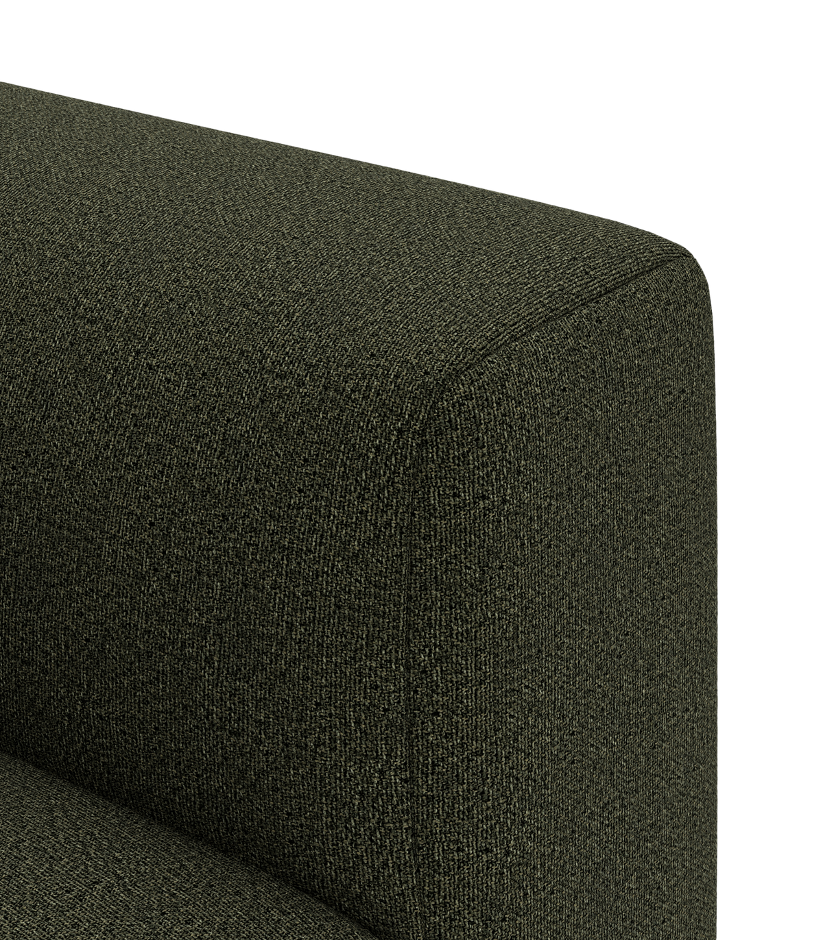 Nærbillede af mørkegrøn stofbetrukket sofa-armlæn med afrundet hjørne.