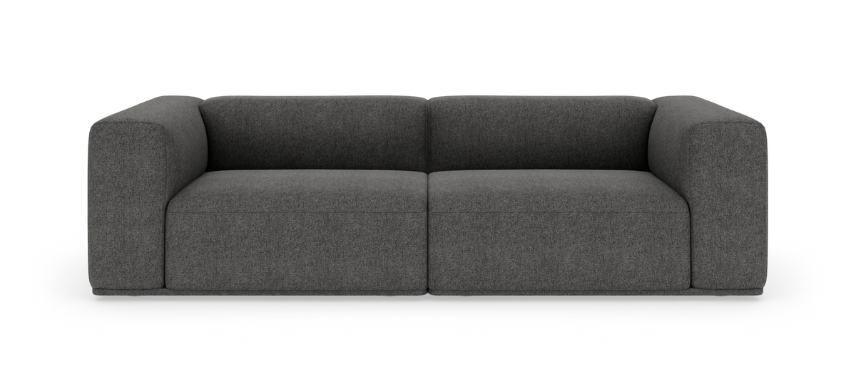 Mørkegrå 2-personers sofa med tykke, afrundede armlæn, set forfra på hvid baggrund.