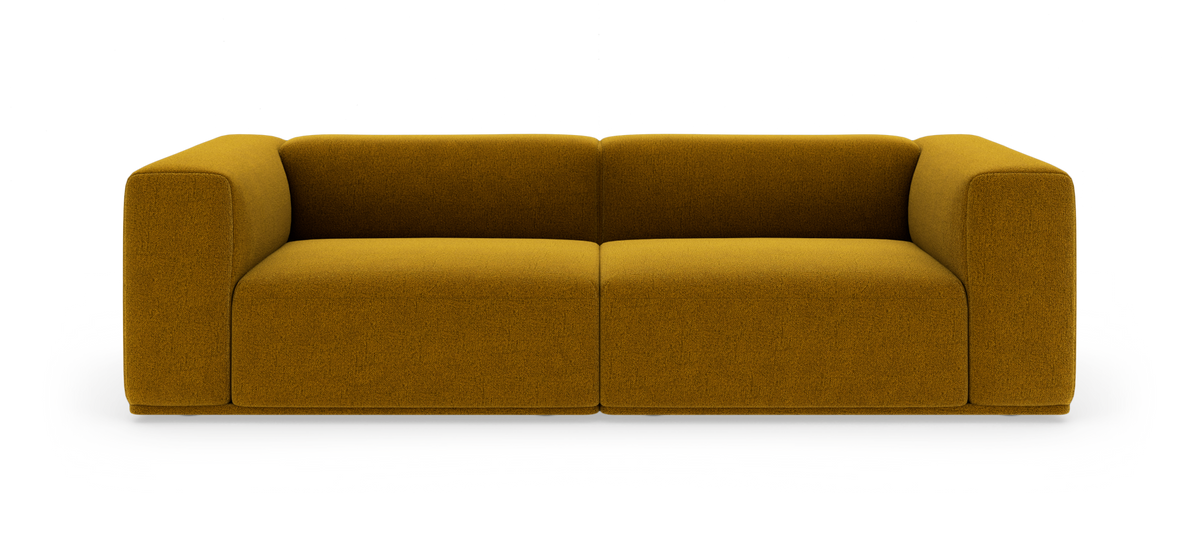 Sennepsgul 2-personers sofa med bløde, afrundede former på hvid studiobaggrund.