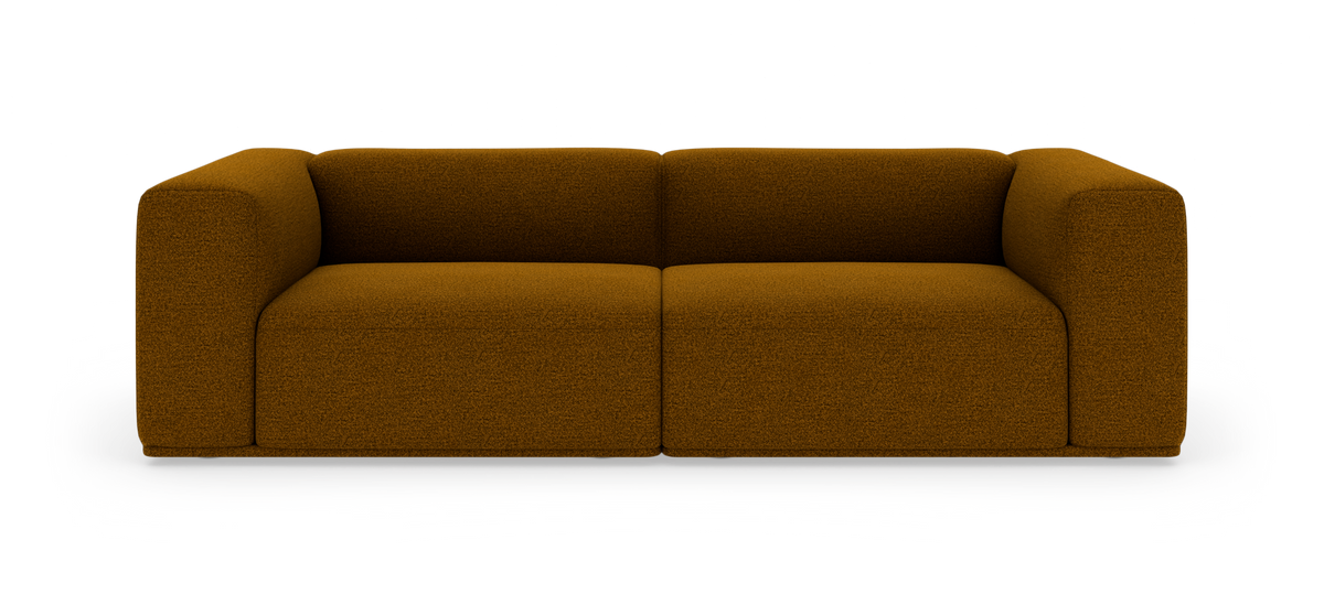 Brun modulsofa med afrundede armlæn og tykke puder, 2‑personers, på hvid baggrund.