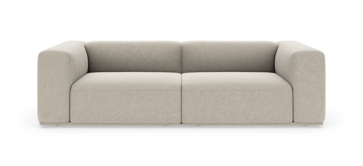 Beige 2-personers sofa med afrundede armlæn, set forfra, frilagt på hvid baggrund.
