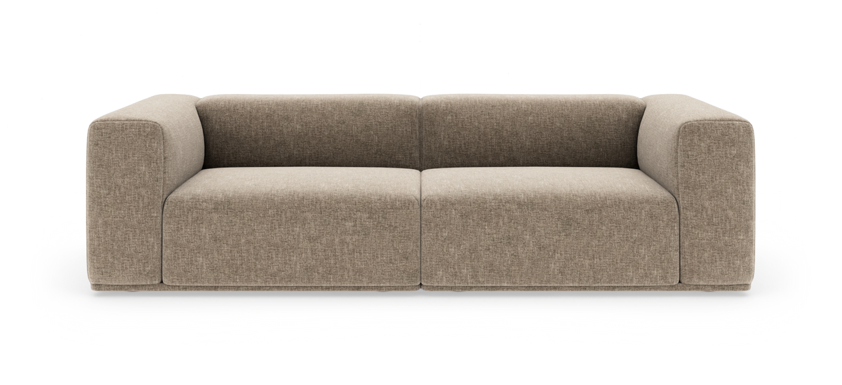 Beige, moderne 2‑personers sofa med afrundede armlæn, frilagt på hvid baggrund.