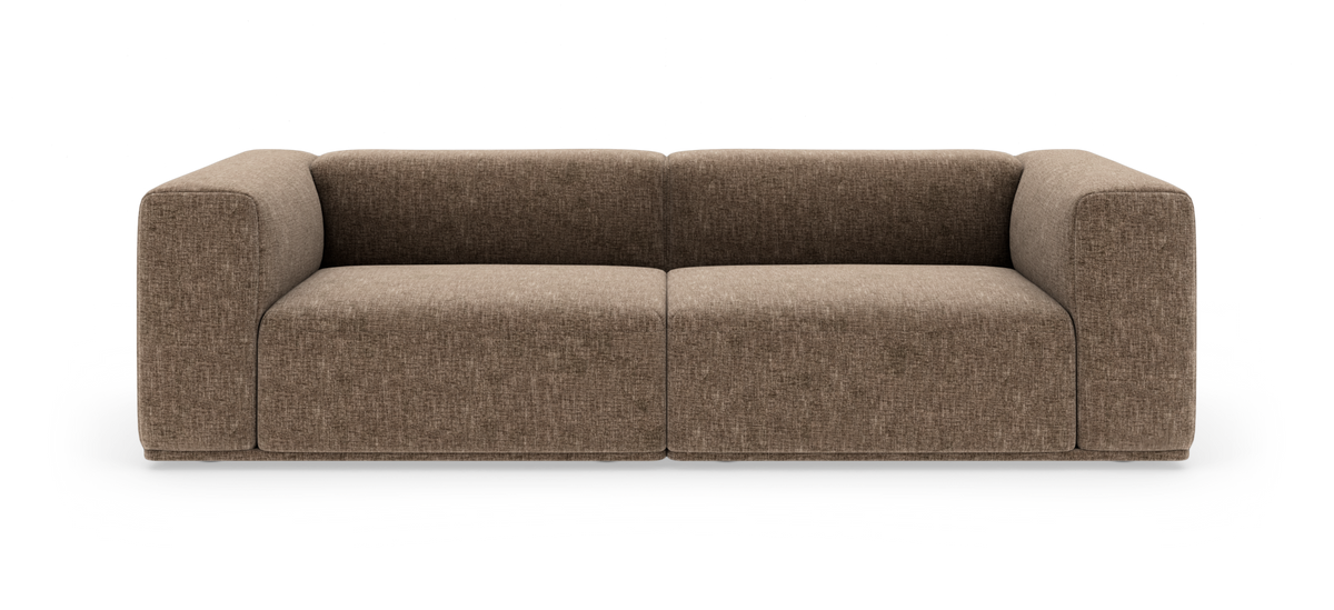 Brun 2-personers sofa med afrundede armlæn, frilagt på hvid baggrund.