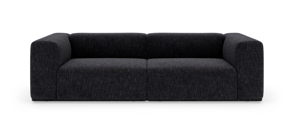 Mørkegrå 2-personers sofa med brede, afrundede armlæn og lave moduler, set lige forfra.