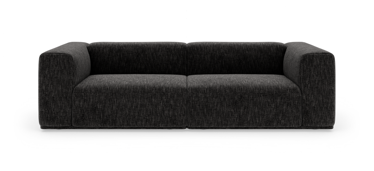 Mørkegrå moderne modulsofa med bløde, afrundede armlæn, frilagt på hvid baggrund, frontvy.