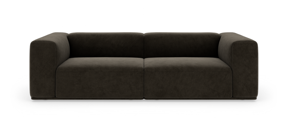 Mørkegrå 2-personers sofa med brede armlæn i enkel, moderne stil på hvid baggrund.
